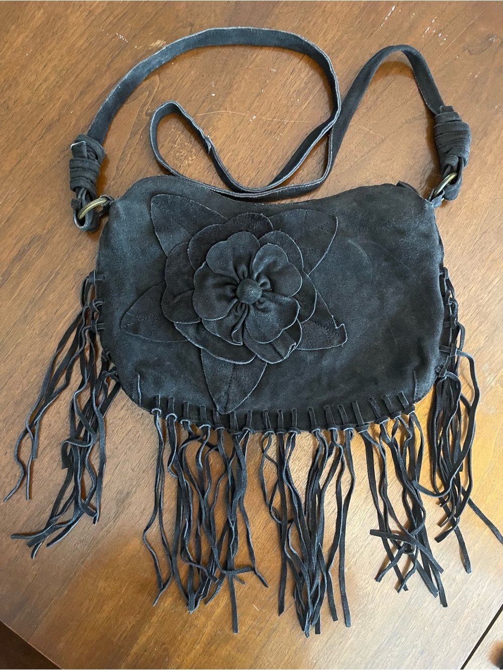 Black Suede-like Fringe Crossbody Bag with Floral Applique